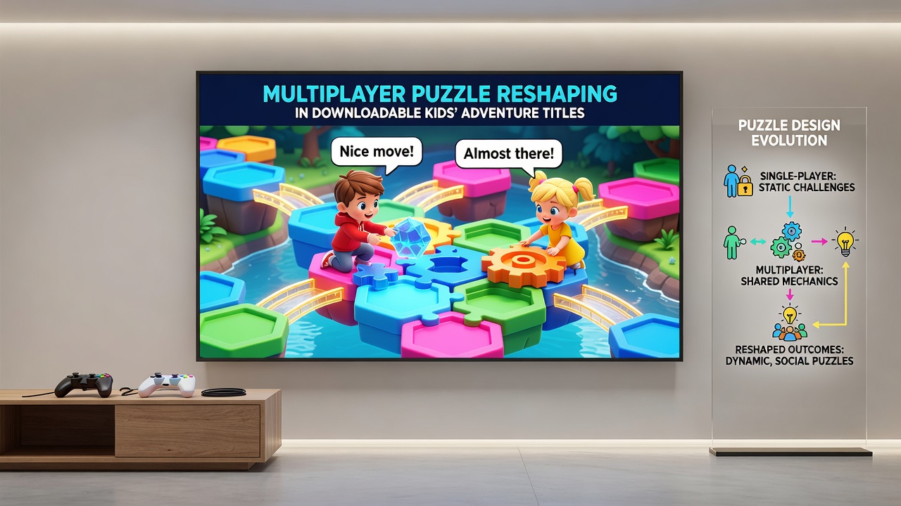 Split-screen view of a kids adventure game level with multiple characters activating separate puzzle components at the same time